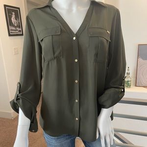 Bebe Hunter Green Button Up Lace Detail Blouse Size S